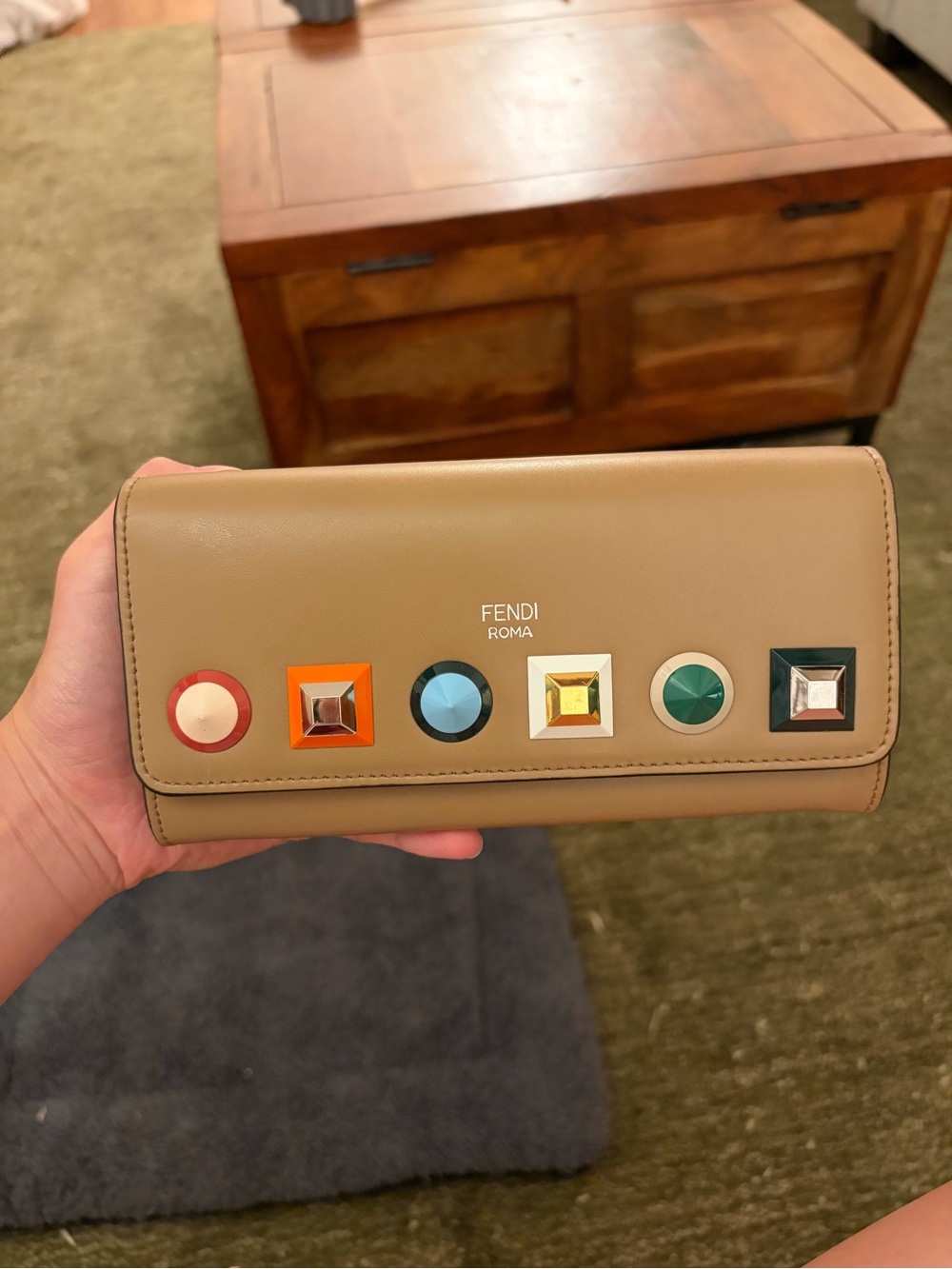 Fendi Tan Leather Clutch with Multicolor Studs